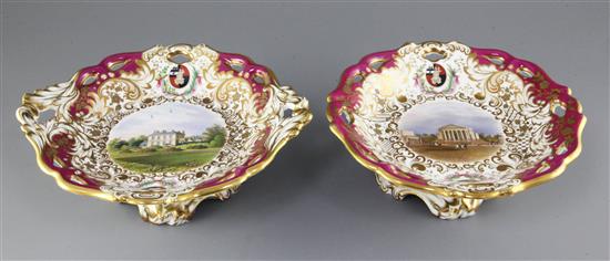 Two rare George Grainger & Co. Worcester topographical low footed dessert dishes, c.1846, width 27 and 24cm